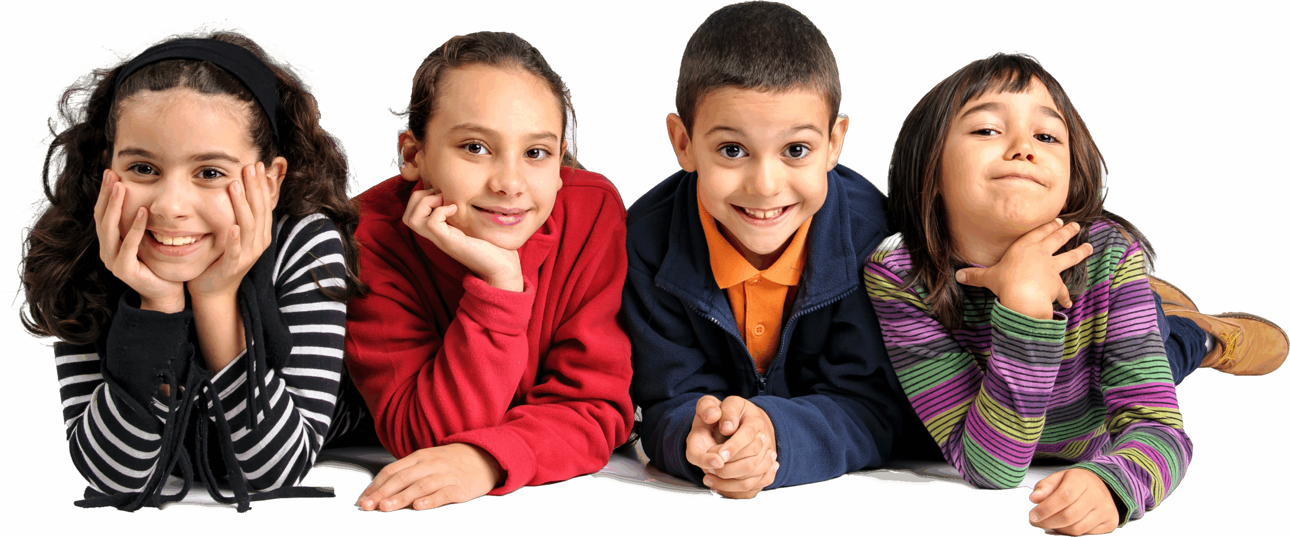 Four smiling children lay on their stomachs, supporting their heads with their hands. They showcase diverse styles, with colorful clothing and joyful expressions, highlighting camaraderie and playfulness.