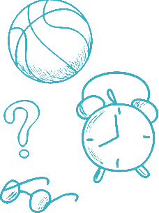 Basketball, alarm clock, and question mark illustrations suggest themes of time management and sports. Relevant for discussions on balancing practice and schedules.