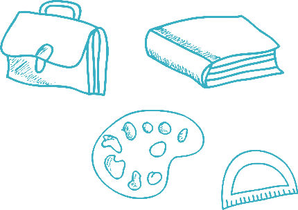 School supplies illustration featuring a backpack, book, paint palette, and protractor, symbolizing education and creativity.