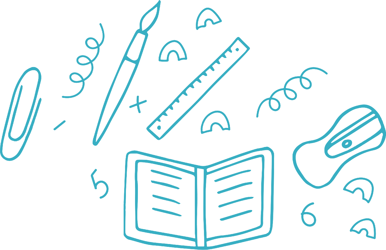 Colorful illustrations of a notebook, pencil, ruler, sharpener, and paper clips represent essential stationery items often used in creative projects.