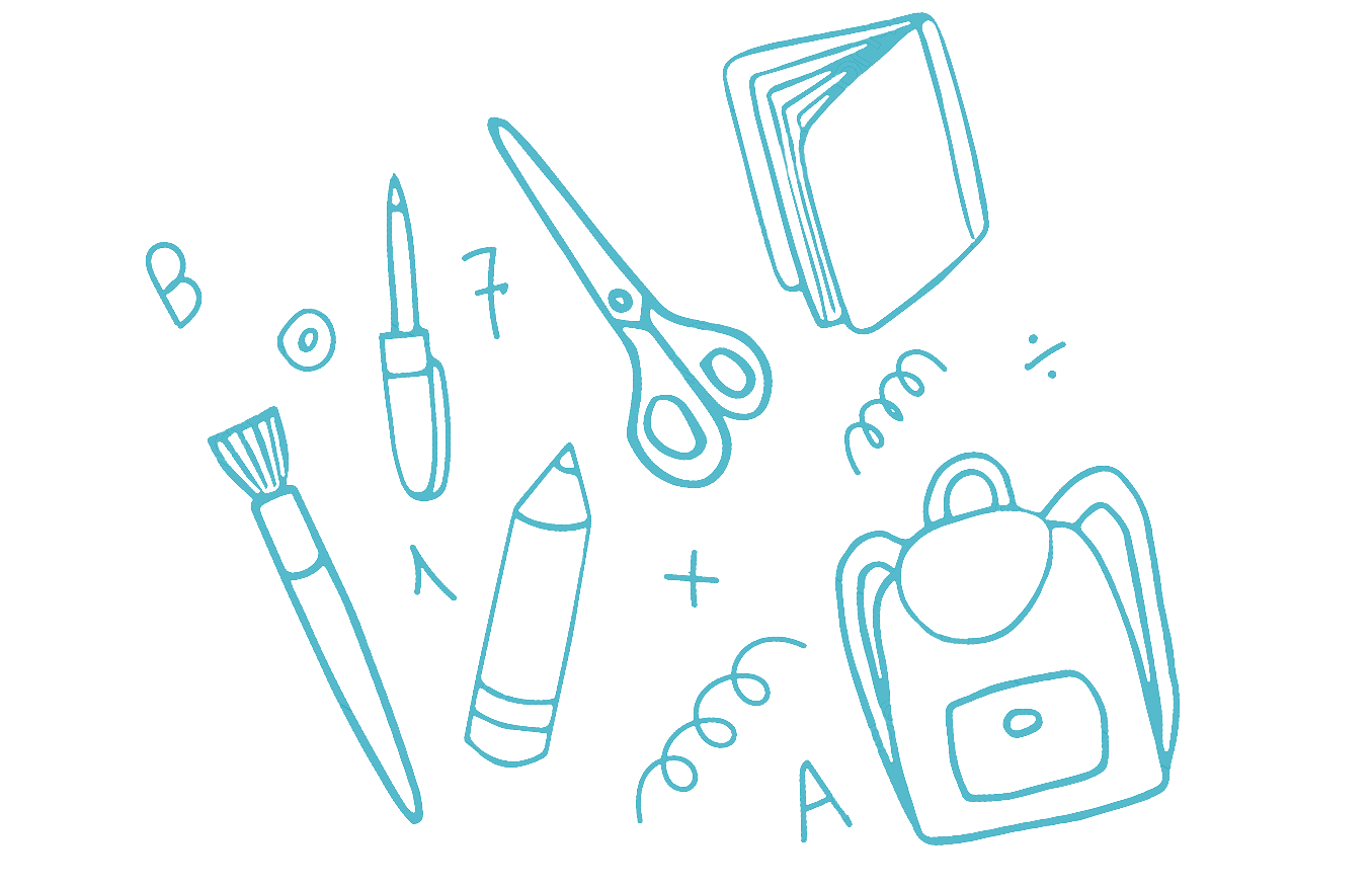 Illustration of school supplies, including scissors, pens, a notebook, a colored pencil, and a backpack, emphasizing creativity and learning tools.
