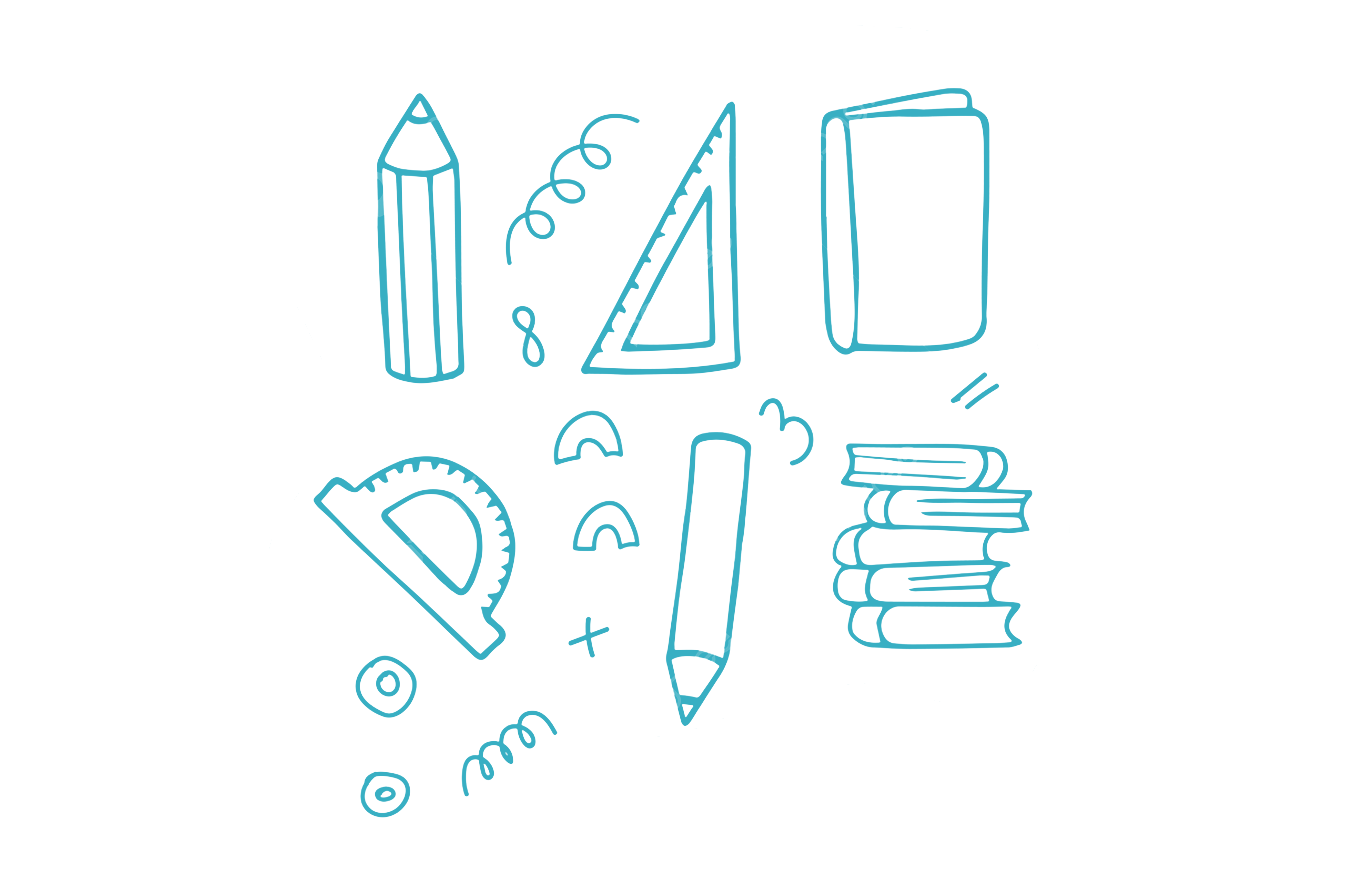 Stationery items, including pencils, a ruler, protractor, notebook, and stacked books, illustrated in a simple, vibrant style, indicating educational tools.