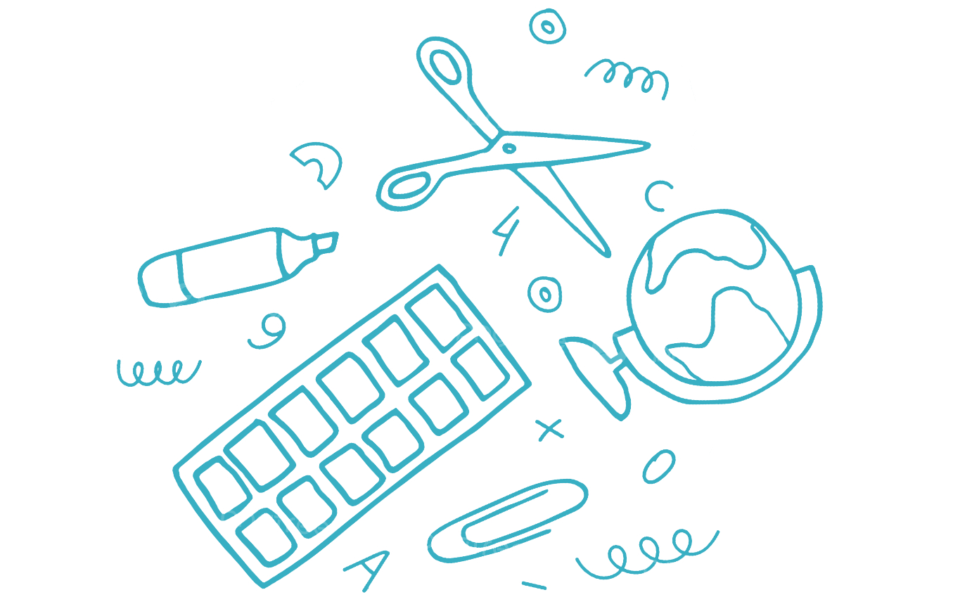 Colorful doodles of art supplies: scissors, a marker, a globe, a palette, and paper clips, symbolizing creativity and learning.